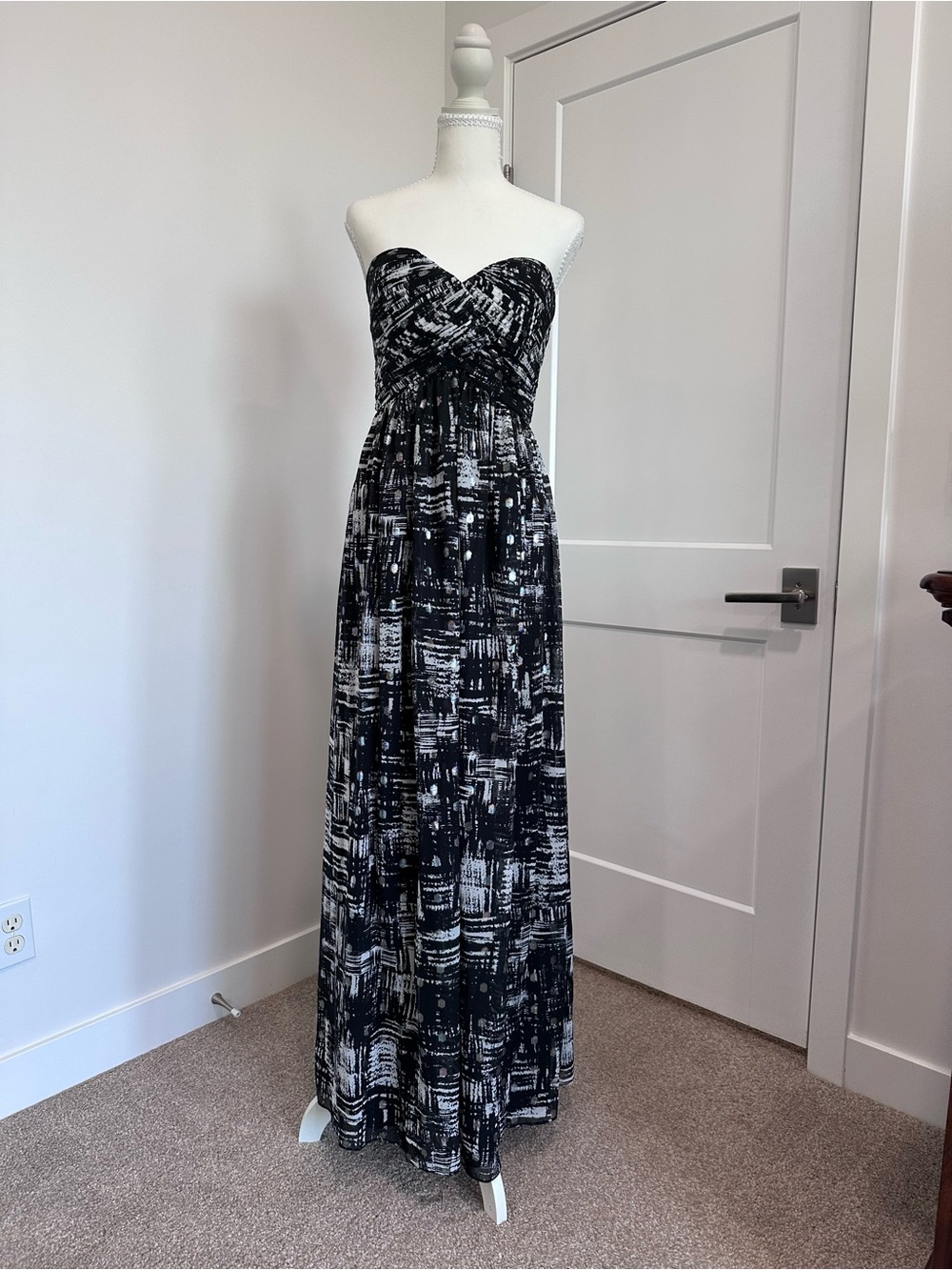 Calvin Klein Strapless Black and White Abstract Maxi Dress
